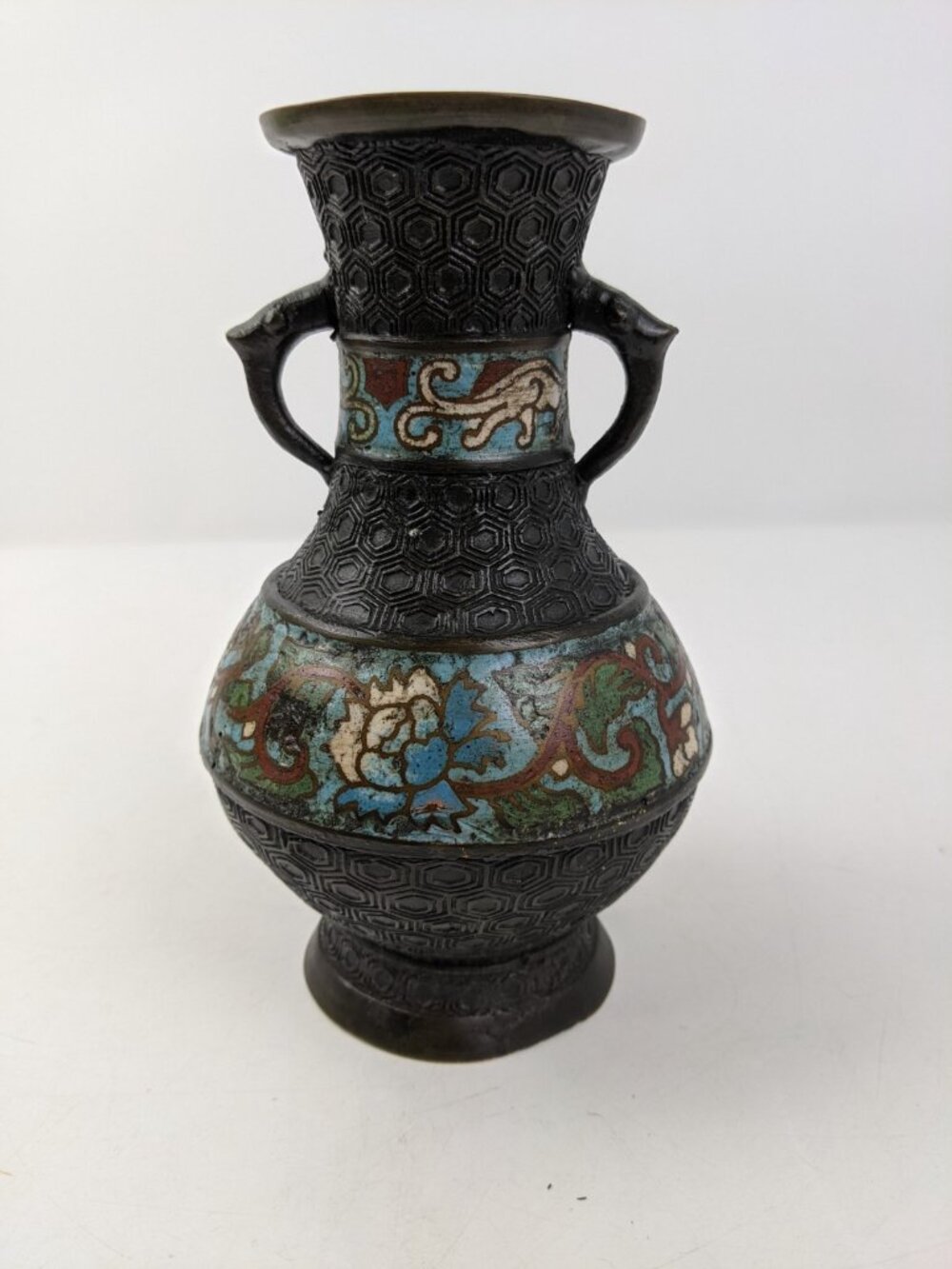 Antique Japanese Champleve Enamel Bronze Twin Handled Vase 7” High